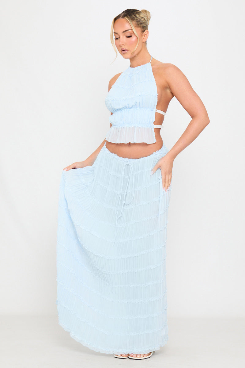 The Ariella Cream Ruched Sheer Halter Top & Maxi Skirt Set