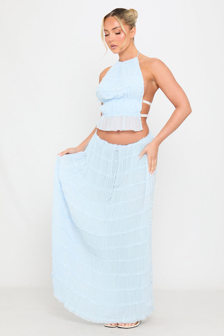 The Ariella Cream Ruched Sheer Halter Top & Maxi Skirt Set