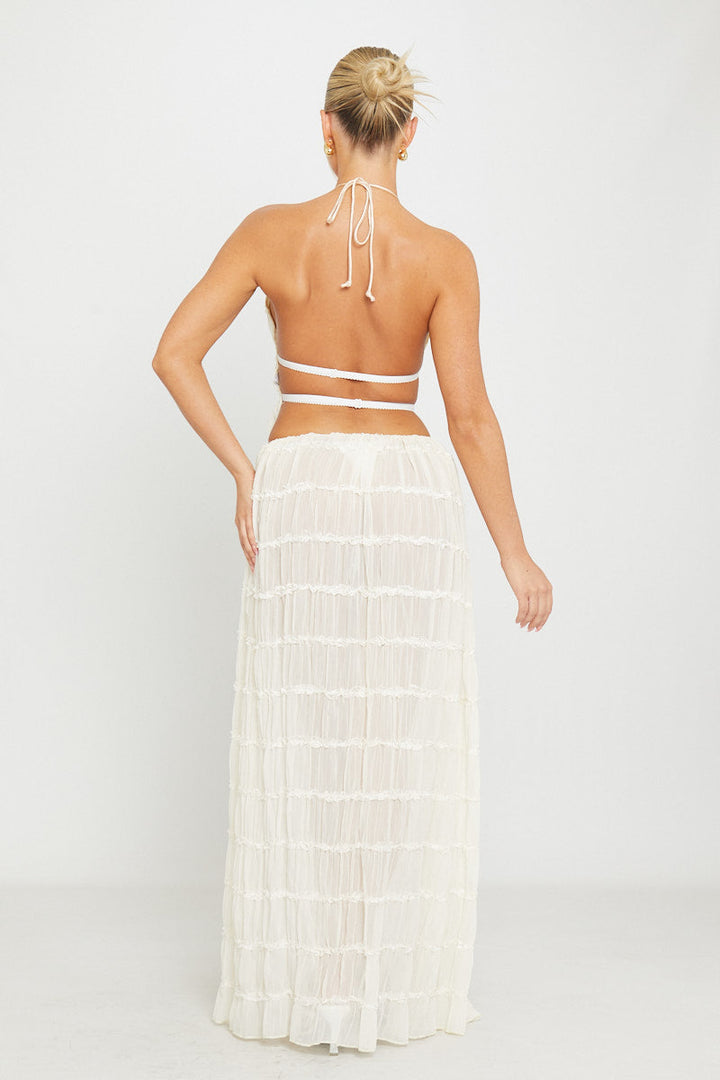 The Ariella Cream Ruched Sheer Halter Top & Maxi Skirt Set